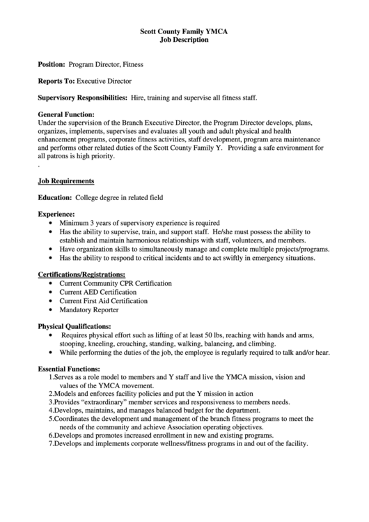Program Director, Fitness Job Description printable pdf download