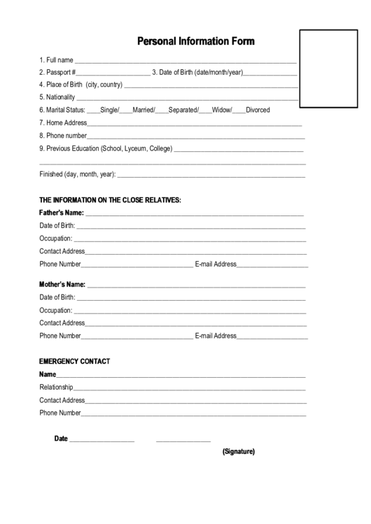 Personal Information Form printable pdf download