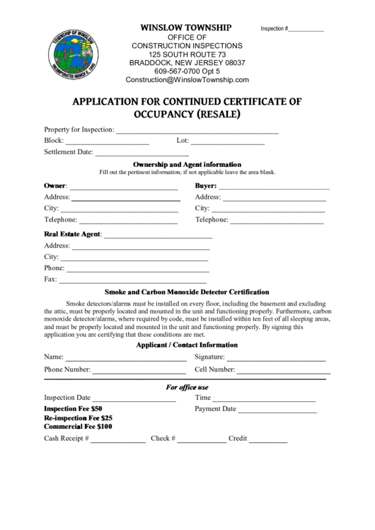 Winslow Township Application For Continued Certificate Of Occupancy