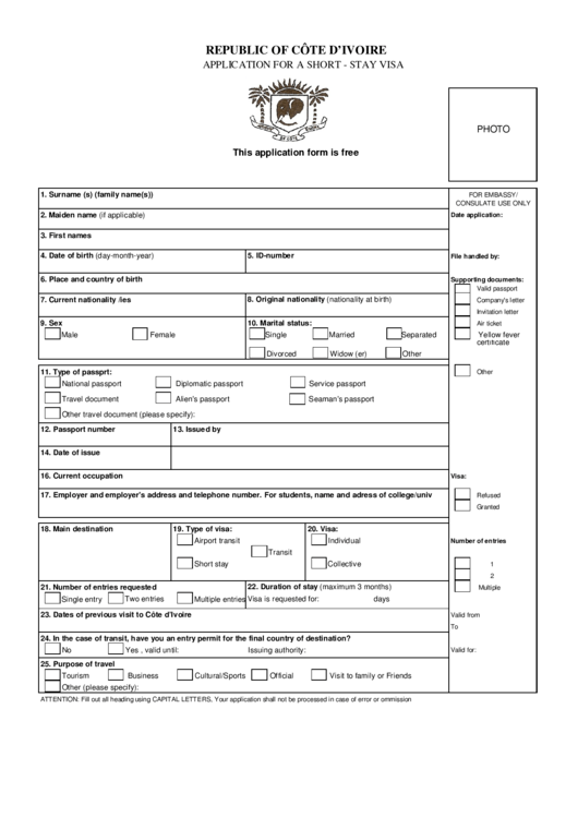 Application For A ShortStay Visa Republic Of Cote D'Ivoire printable