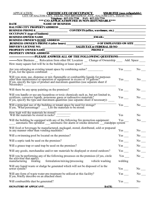 City Of Haltom City Certificate Of Occupancy printable pdf download