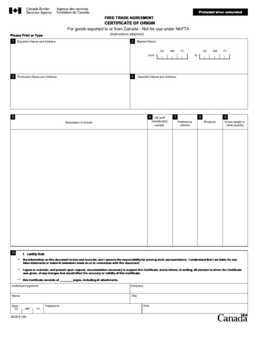 Fillable Canada Border Services Agency Free Trade Agreement Certificate
