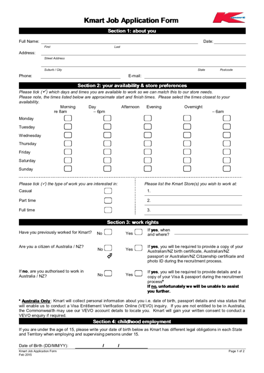 Kmart Job Application Form printable pdf download