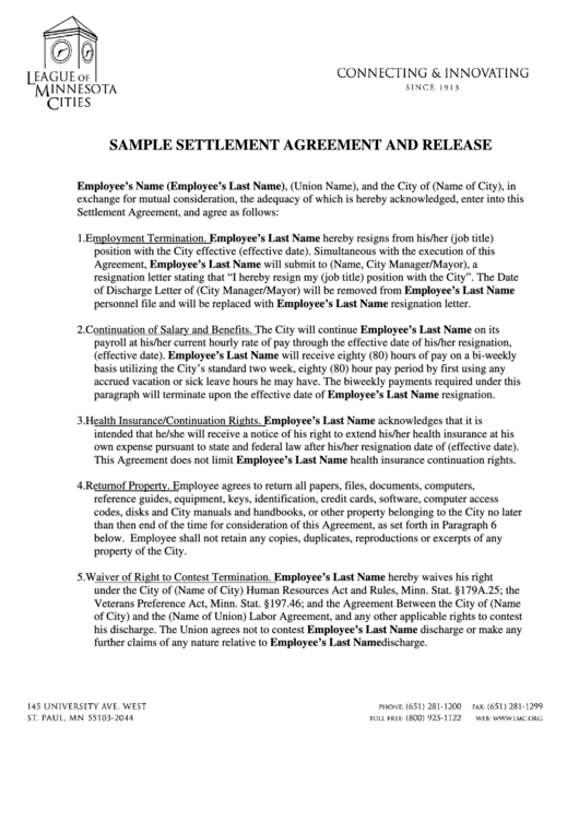 Sample Settlement Agreement And Release printable pdf download