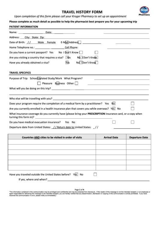 Kroger Pharmacy Travel History Form printable pdf download