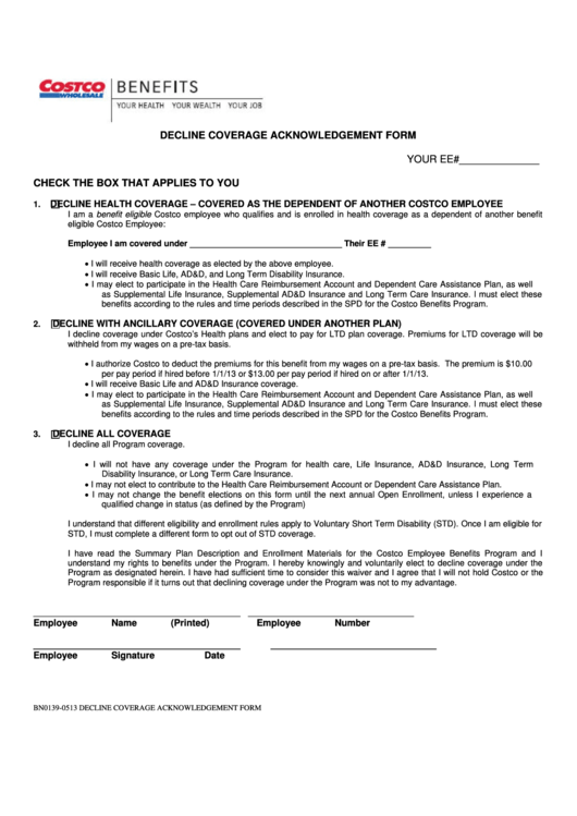 Form Bn01390513 Decline Coverage Acknowledgement Form printable pdf
