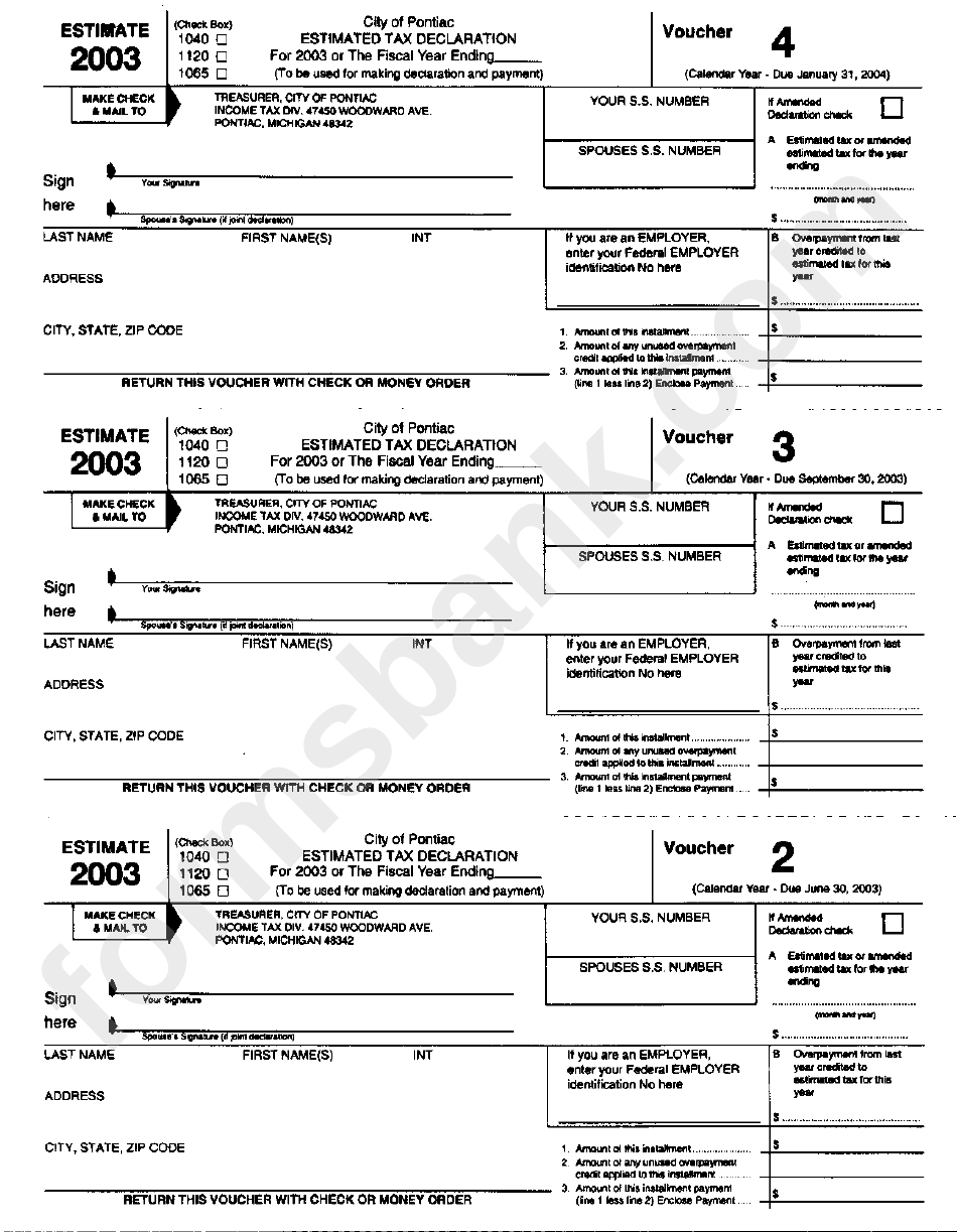 City Of Pontiac Estimated Tax Declaration Form 2003 printable pdf