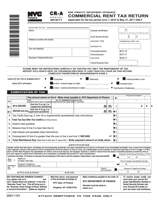 Form CrA Commercial Rent Tax Return 2010/11 printable pdf download
