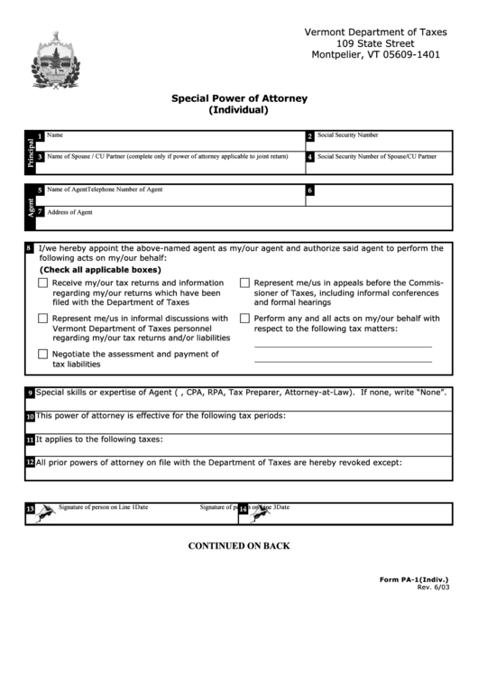 Form Pa1 Special Power Of Attorney(Individual) Vermont Department Of Taxes printable pdf