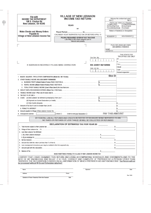Tax Return Village Of New Lebanon, Ohio printable pdf download
