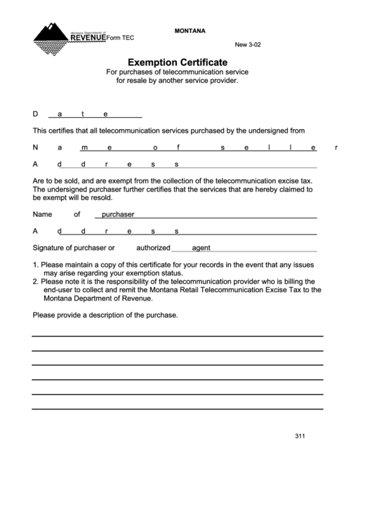 Form Tec Exemption Certificate printable pdf download