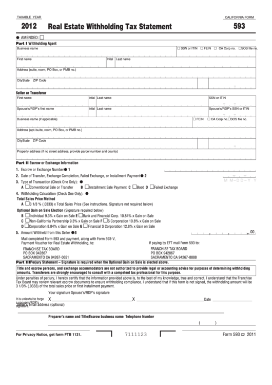 California Form 593 Real Estate Withholding Tax Statement 2012 printable pdf download