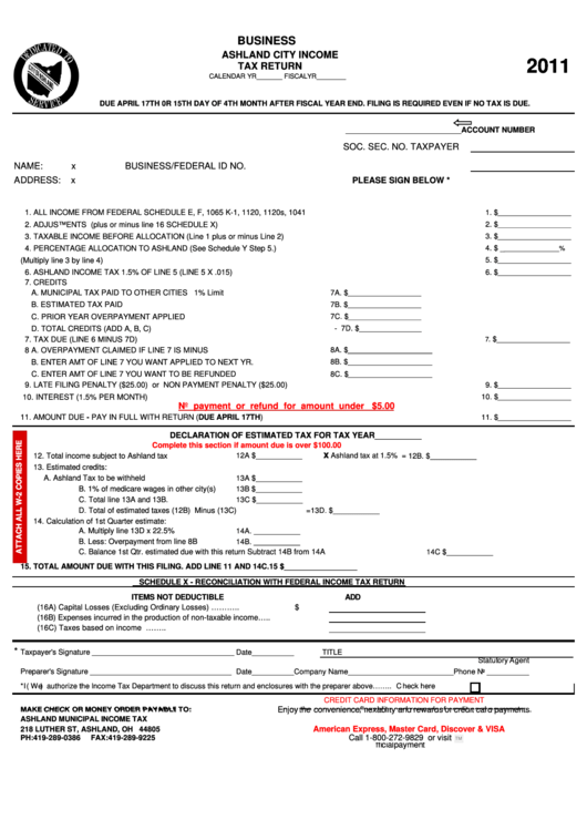 Business Ashland City Tax Return Form 2011 printable pdf download