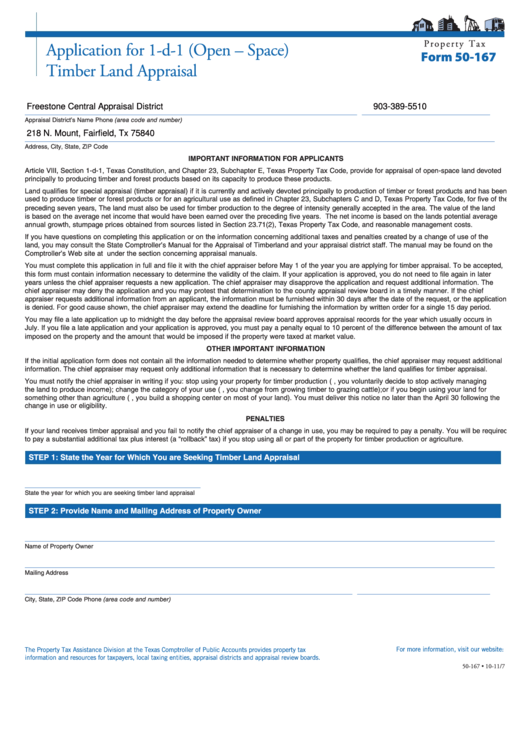 Fillable Form 50167 Application For 1D1 (Open Space) Timber Land