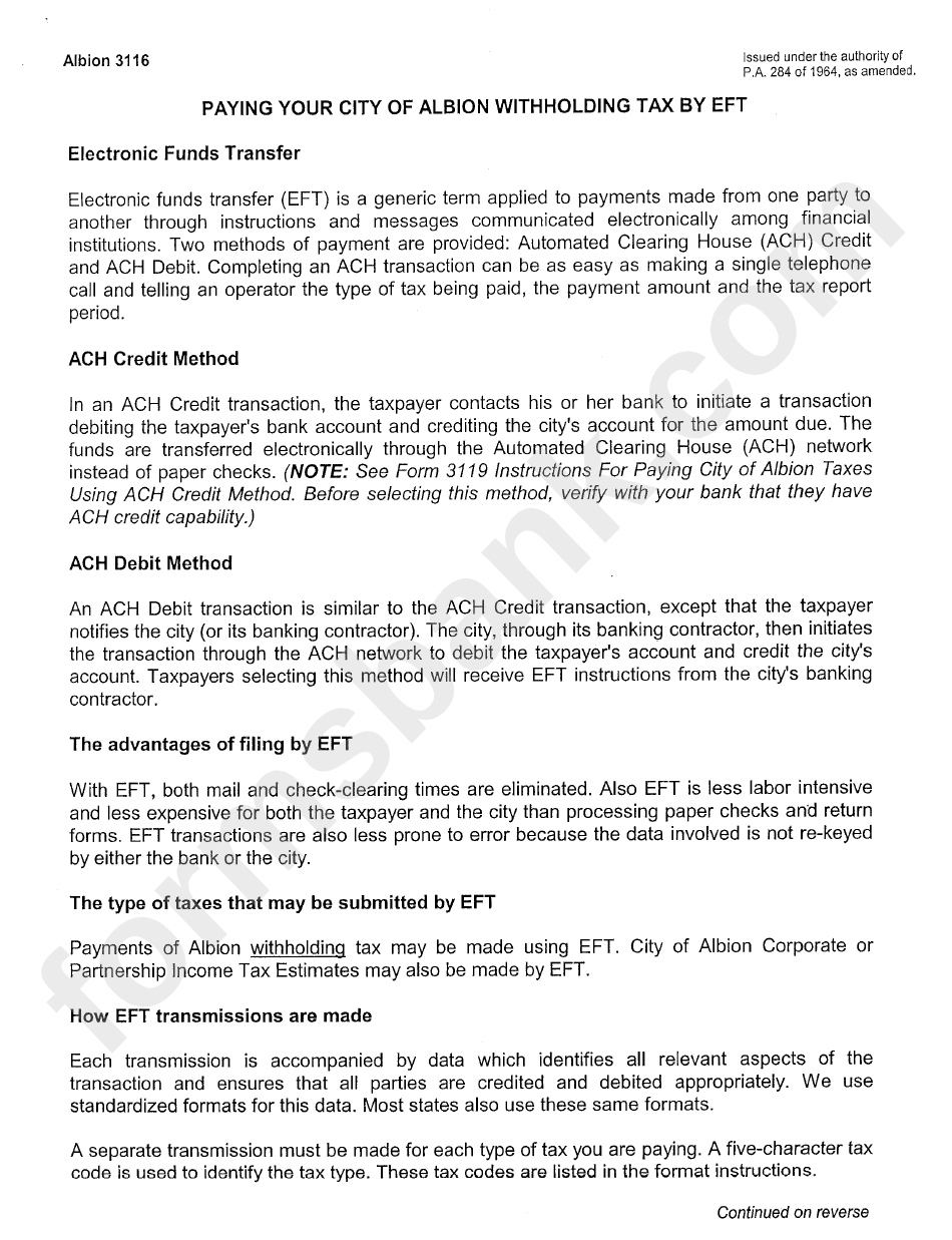 Form Albion 3116 Paying Your City Of Albion Withholding Tax By Eft