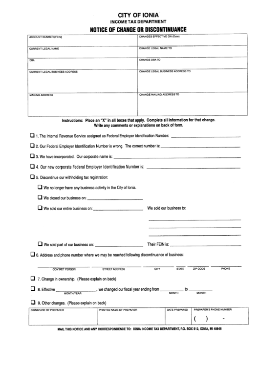 Notice Of Change Or Discontinuance City Of Ionia Tax Department printable pdf download