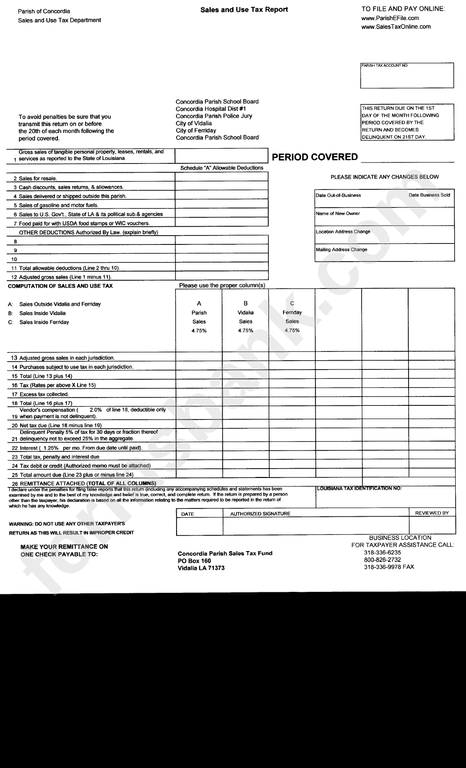 Fillable Sales And Use Tax Report Parish Of Concordia printable pdf