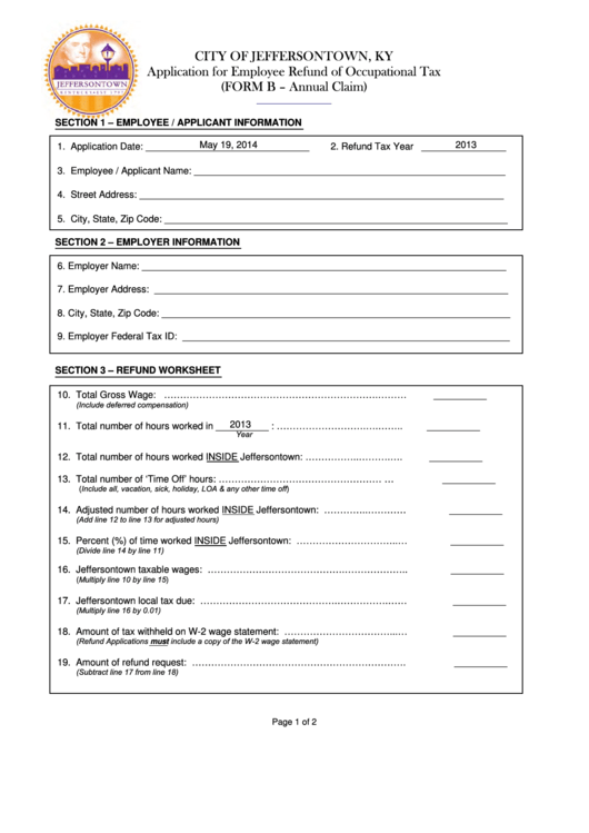 Fillable Form BAnnual Claim Application For Employee Refund Of