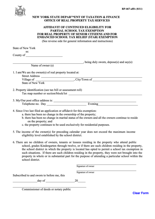 Fillable Form Rp467Aff/s Affidavit Of Continued Eligibility For Partial School Tax Exemption