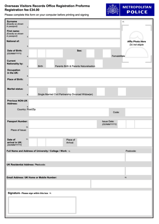 Fillable Overseas Visitors Records Office Registration Proforma