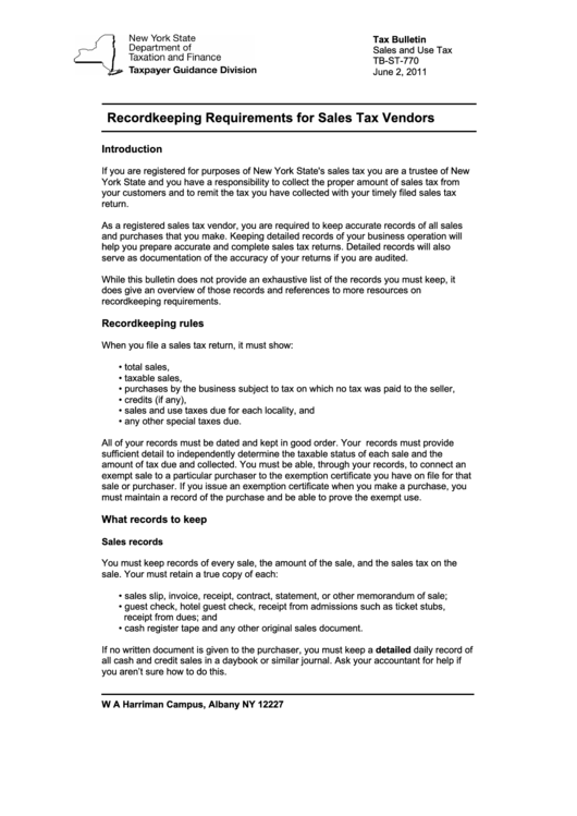 Form TbSt770 Recordkeeping Requirements For Sales Tax Vendors Nys