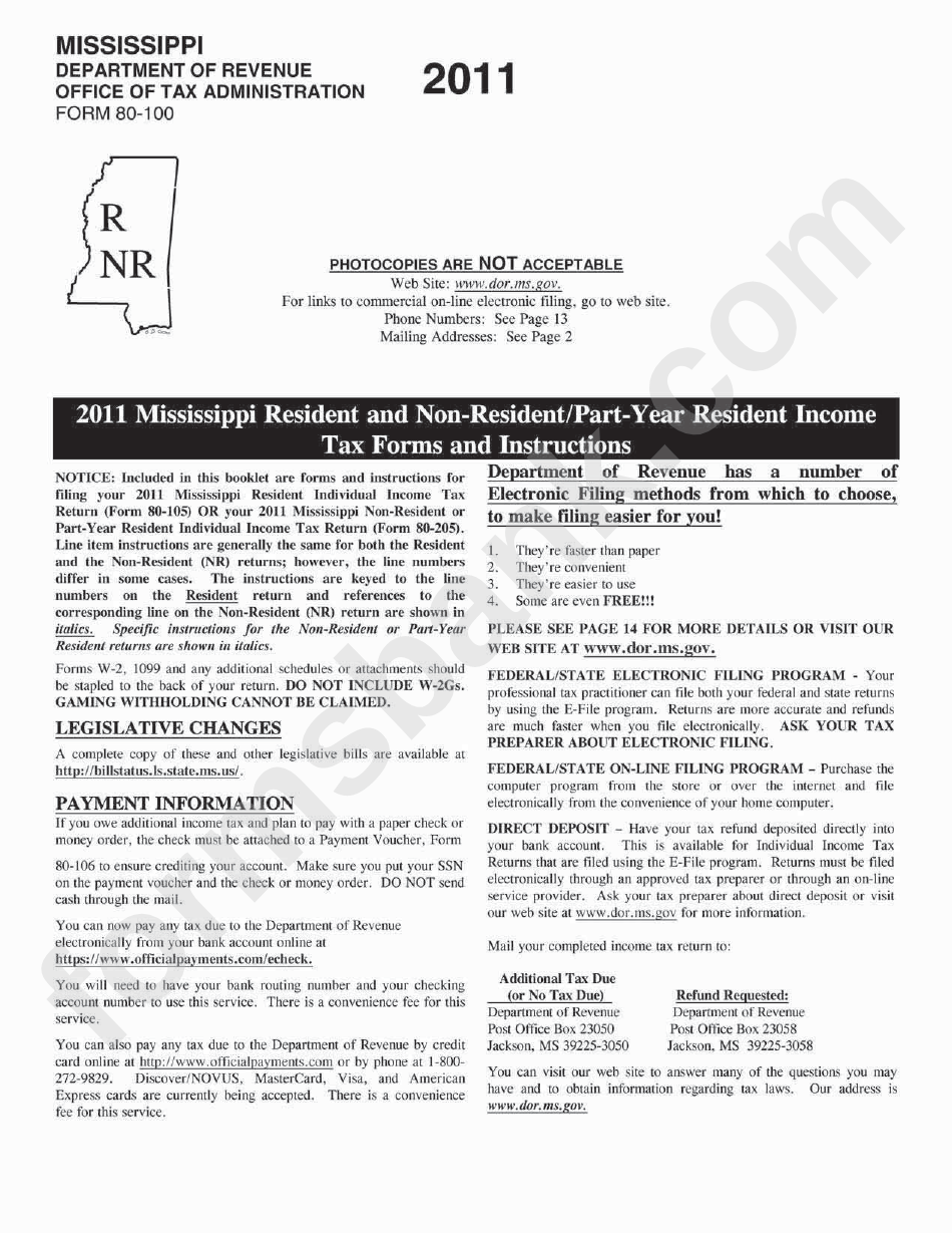 Form 80100 Mississippi Resident And NonResident/partYear Resident