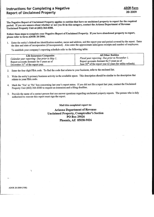 Instructions For Ador Form 202009 Completing A Negative Report Of