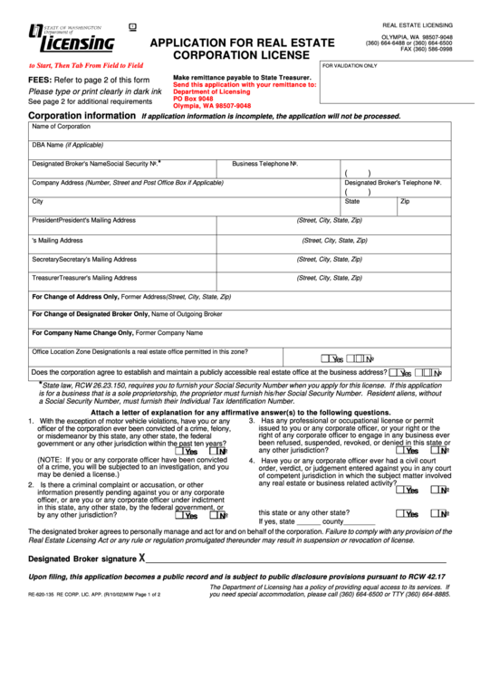 Fillable Form Re620135 Application For Real Estate Corporation