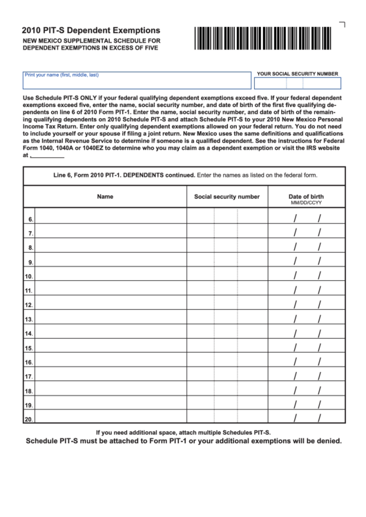 Form PitS New Mexico Supplemental Schedule For Dependent Exemptions