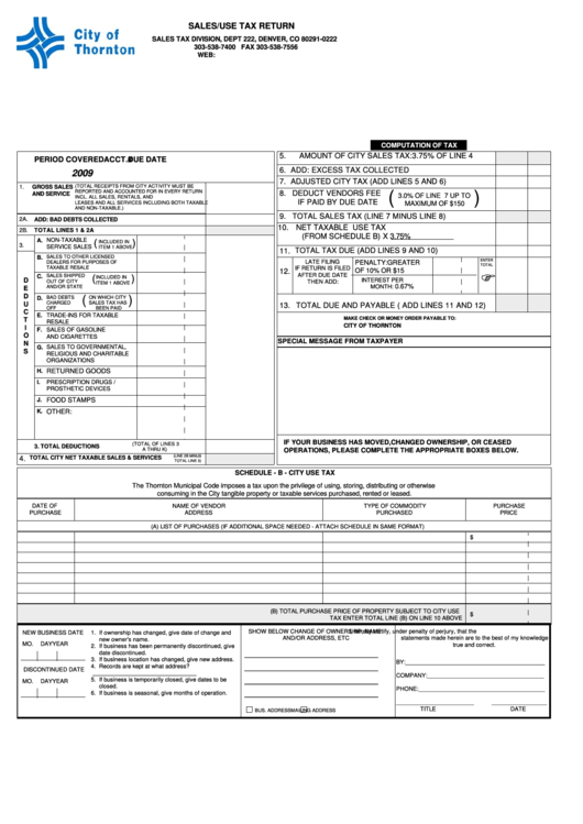 Sales/use Tax Return City Of Thornton Co Sales Tax Division 2009