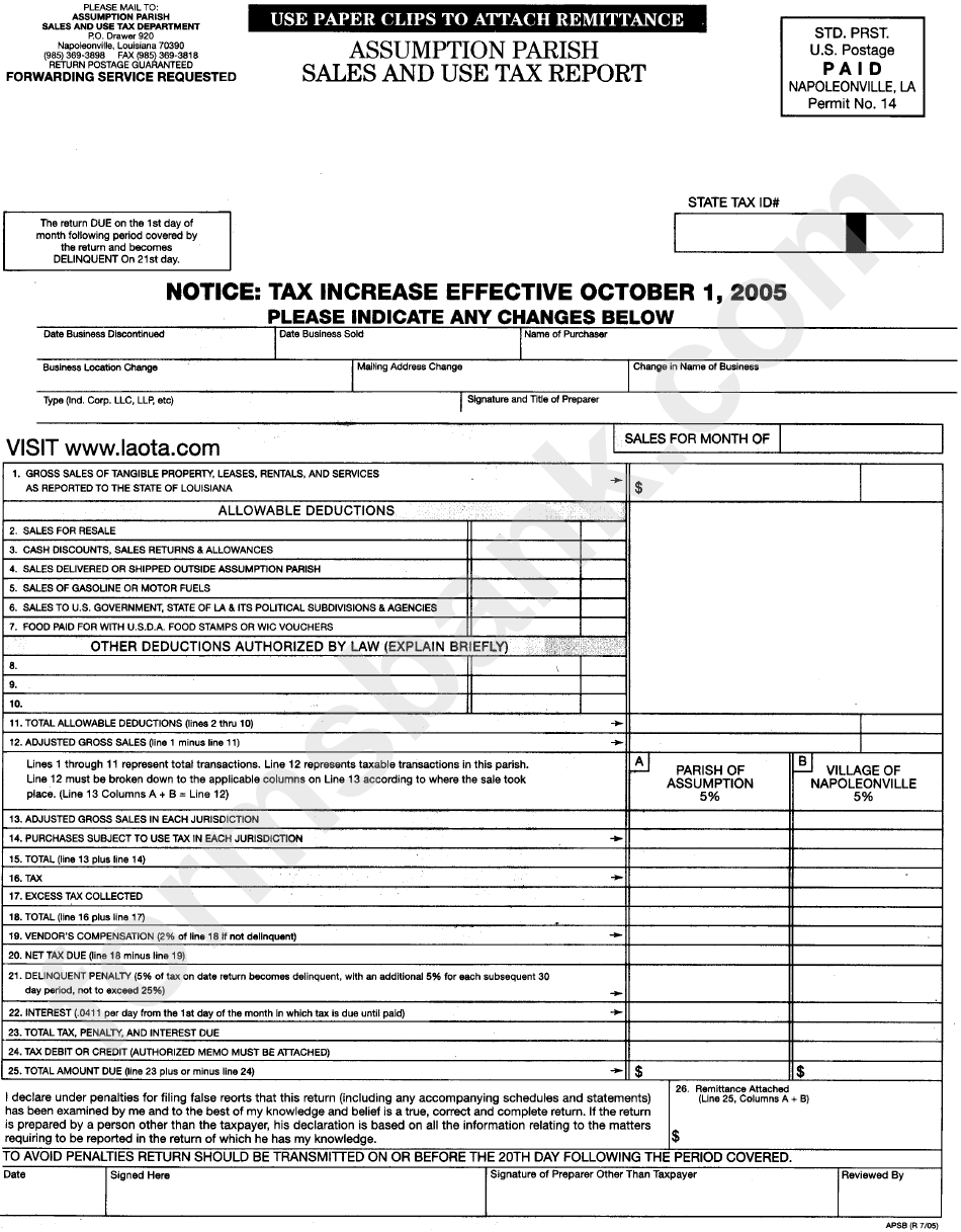 Form Apsb Assumption Parish Sales And Use Tax Report 2005 printable