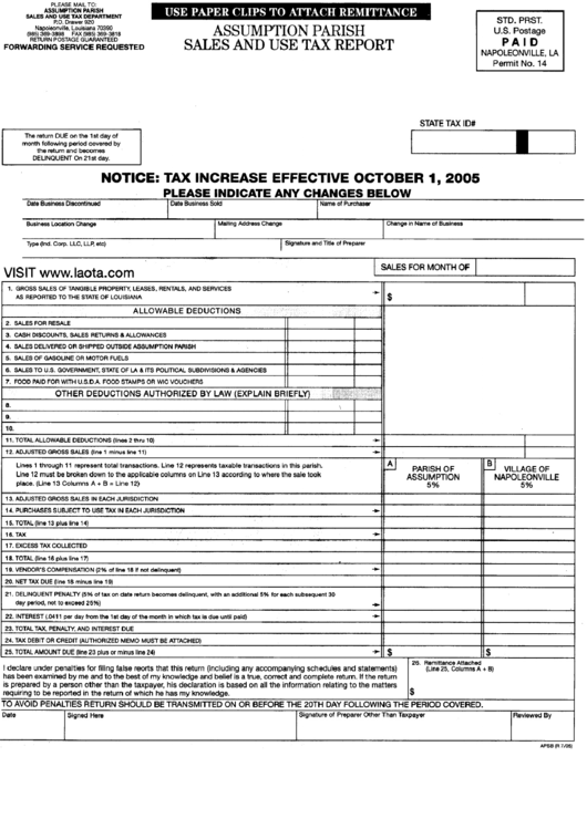 Form Apsb Assumption Parish Sales And Use Tax Report 2005 printable