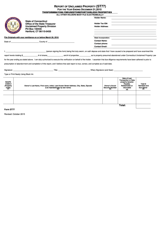Form St77 Report Of Unclaimed Property 2015 printable pdf download