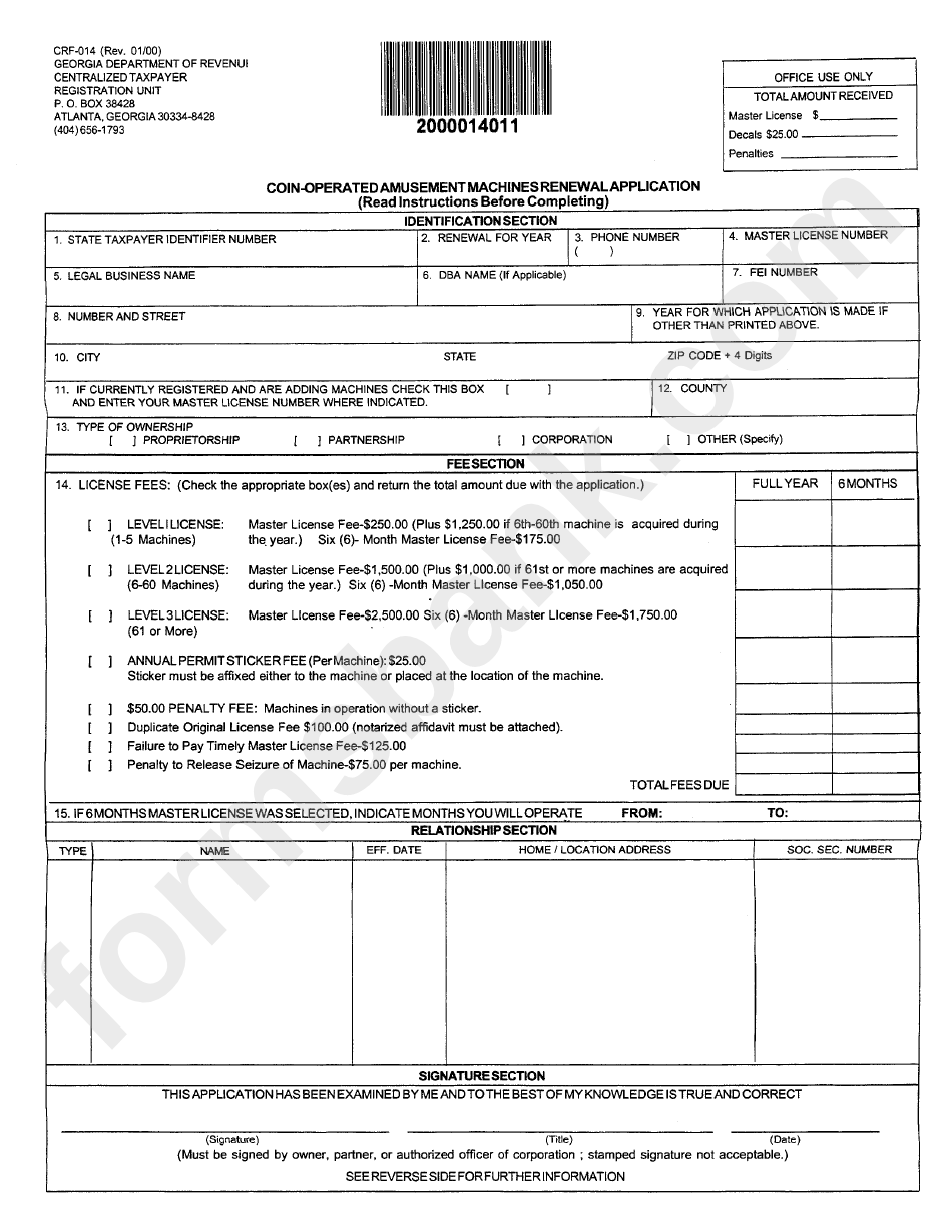 Form Crf014 CoinOperated Amusement Machines Renewal Application