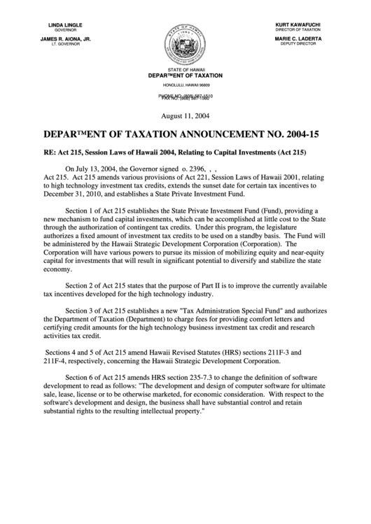 Department Of Taxation Announcement No. 200415 Hawaii Department Of
