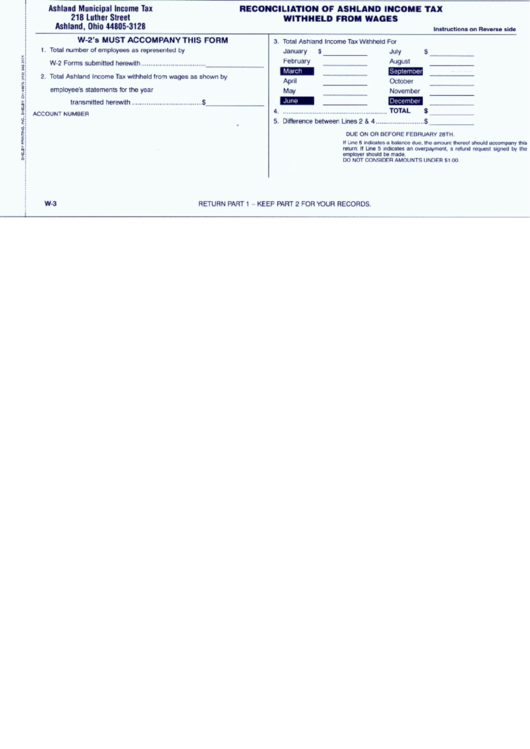 Form W3 Reconciliation Of Ashland Tax Withheld From Wages