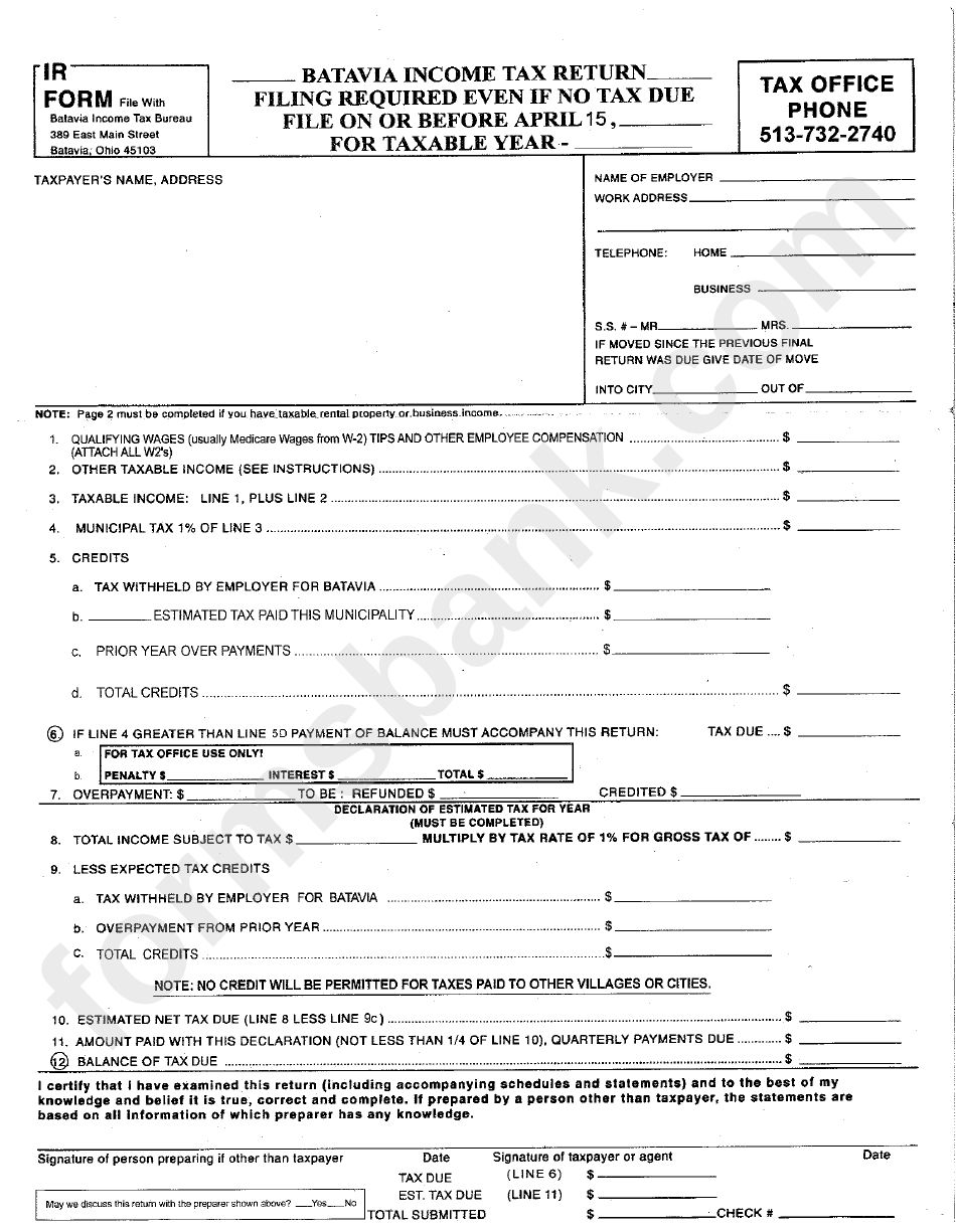 Form Ir Batavia Tax Return printable pdf download