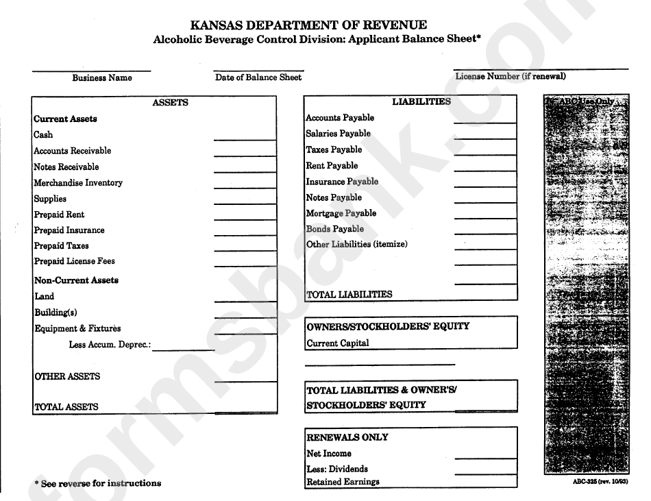 Applicant Balance Sheet Kansas Alcoholic Beverage Control Division
