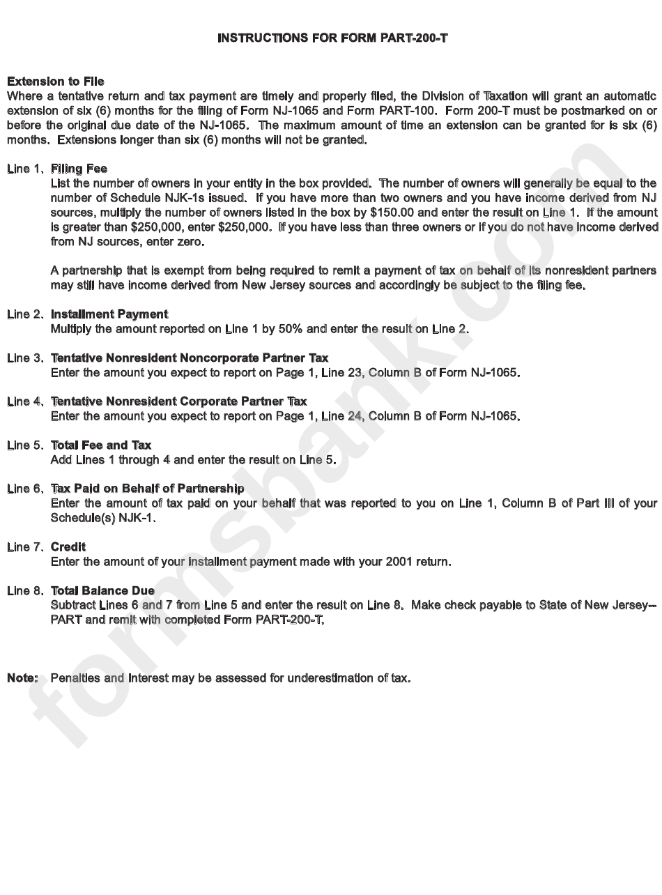 Instructions For Form Part200T New Jersey Partnership Tax printable pdf download