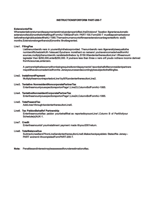 Instructions For Form Part200T New Jersey Partnership