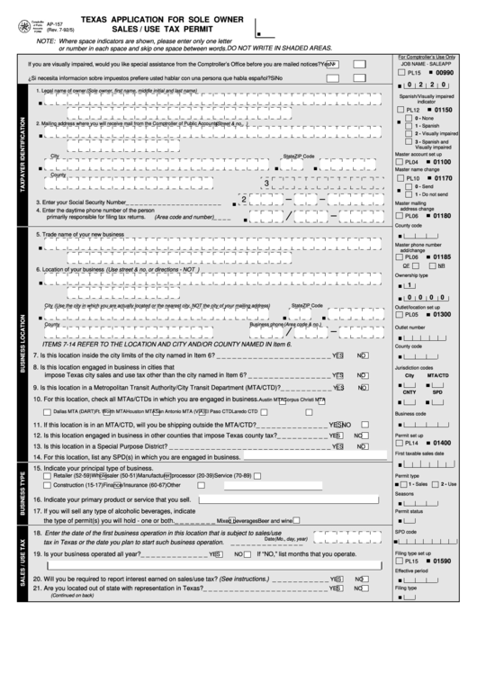 Fillable Form Ap157 Texas Application For Sole Owner Sales / Use Tax