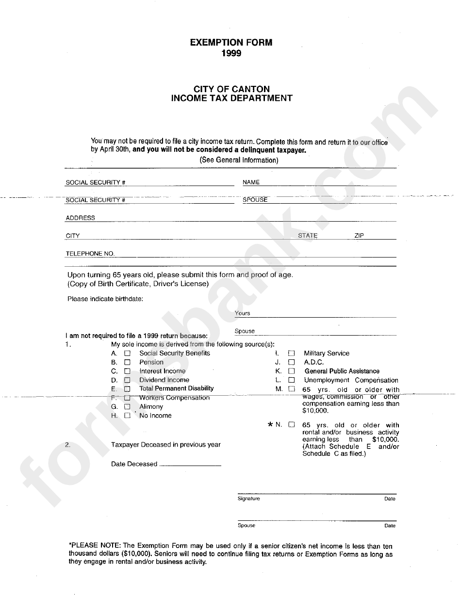 Exemption Form Canton Tax Department 1999 printable pdf download