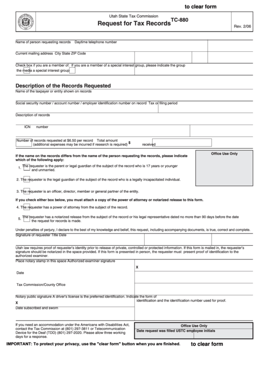 Fillable Form Tc880 Request For Tax Records Utah State Tax