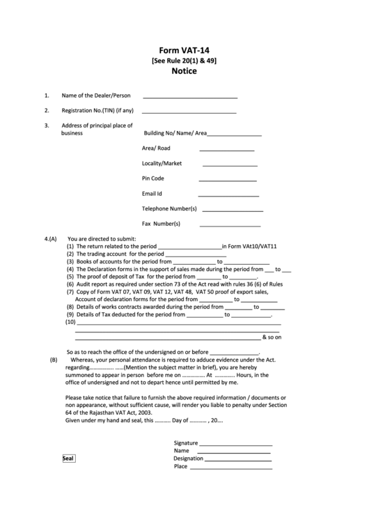 Form Vat14 Notice printable pdf download
