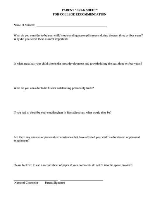 Top College Brag Sheets free to download in PDF format