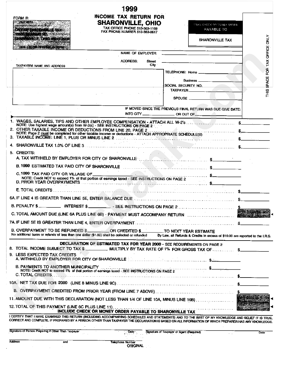 Form Ir Tax Return For Sharonville 1999 printable pdf download