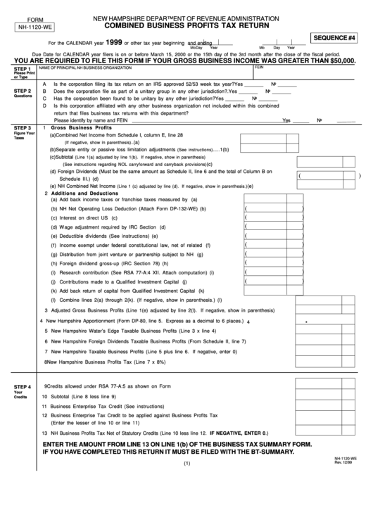 Form Nh1120We Combined Business Profits Tax Return 1999 printable