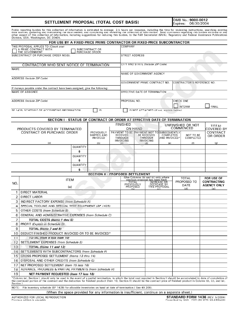 Standard Form 1436 Settlement Proposal (Total Cost Basis) printable