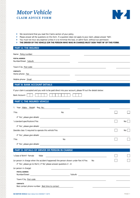 Fillable Motor Vehicle Claim Advice Form printable pdf download