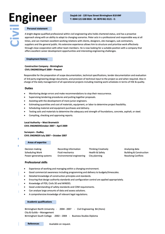 Civil Engineering Cv Template printable pdf download